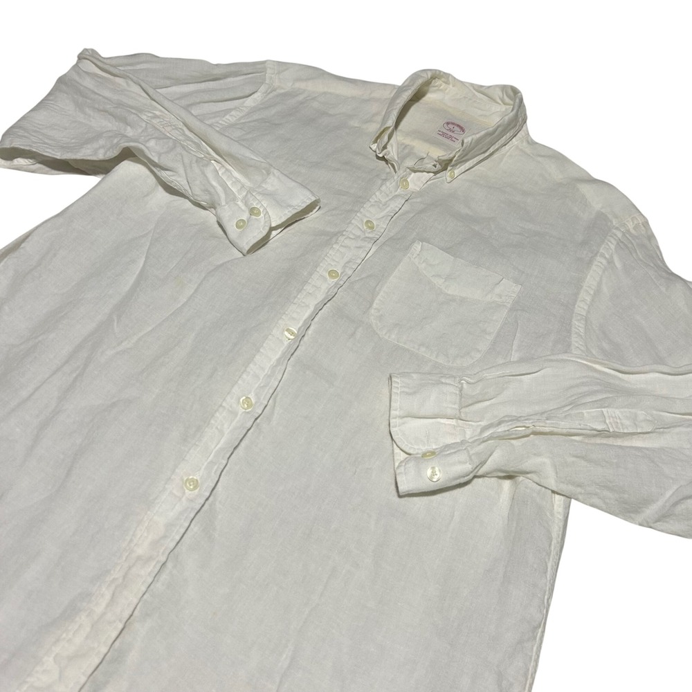 Brooks Brothers Button Down Shirt Mens L White 100% Linen 346 Long Sleeve Pocket